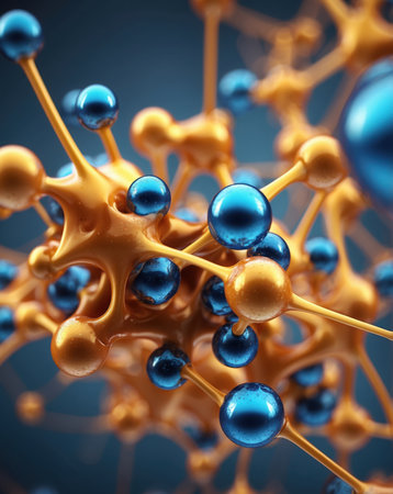 Molecular structure with blue and orange balls. 3d illustrationの素材