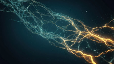 Abstract 3d rendering of electric lightning. Futuristic background with glowing particlesの素材