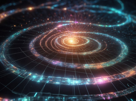 3D illustration of abstract fractal composition with geometric shapes and lightsの素材