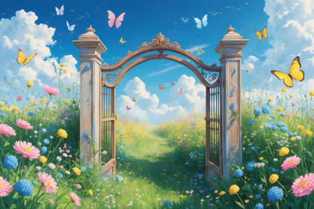 Spring landscape with flowers, butterflies and gate. Nature background. Digital painting.の素材
