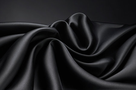Closeup of rippled black satin fabric as background textureの素材