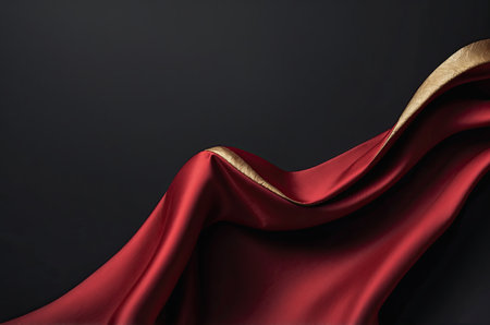 Red satin fabric on black background with copy space, close upの素材