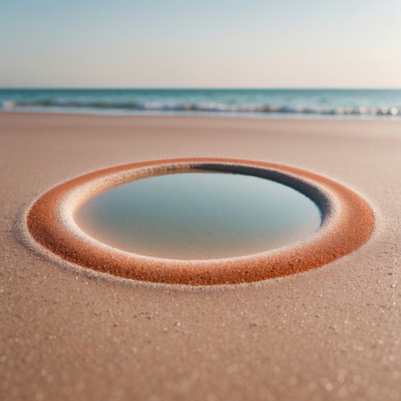 Circle of sand on the beach with reflection in the water.の素材