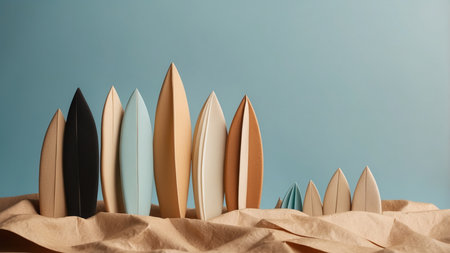 Surfboards in a row on a blue background. Concept of surfing.の素材