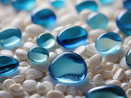 Close-up of blue glass pebbles on a white backgroundの素材
