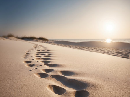 Footprints in the sand of a dune on the beach at sunsetの素材