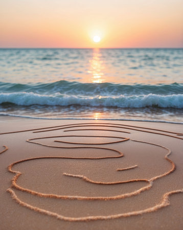 Sunset on the beach in the summer. Sea waves and sand.の素材