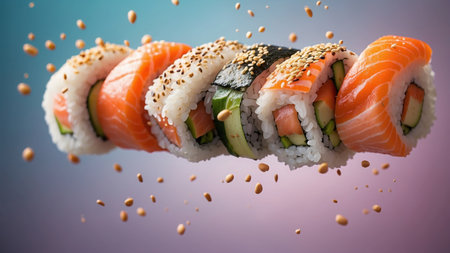 Sushi roll with salmon, avocado, cucumber and sesame seeds flying in the airの素材
