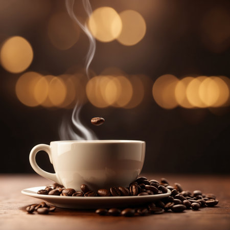 Coffee cup and coffee beans on wooden table with bokeh backgroundの素材