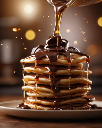 Pouring chocolate syrup on a stack of pancakes, close-upの素材
