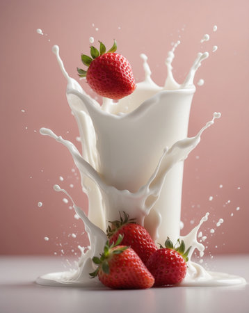 Milk splash with strawberries on a pink background, close-upの素材