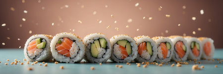 Sushi rolls with salmon, cucumber and cream cheese on a light blue backgroundの素材