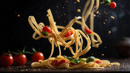 Pasta with cherry tomatoes, basil and olive oil on dark backgroundの素材