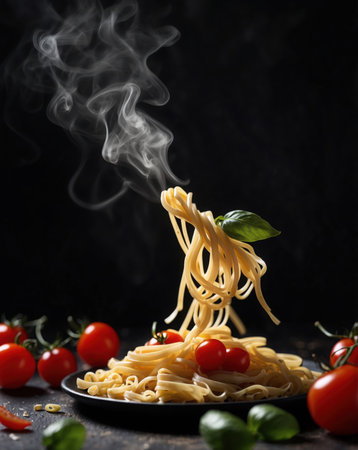 Spaghetti with basil and cherry tomatoes on a black background. Italian food.の素材