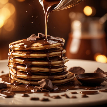 Pouring melted chocolate on stack of pancakes, shallow depth of fieldの素材