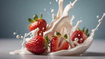 strawberry in milk splash isolated on blue background. close upの素材