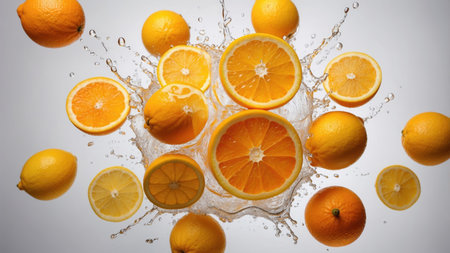 Slices of lemon and orange in water splash on white backgroundの素材