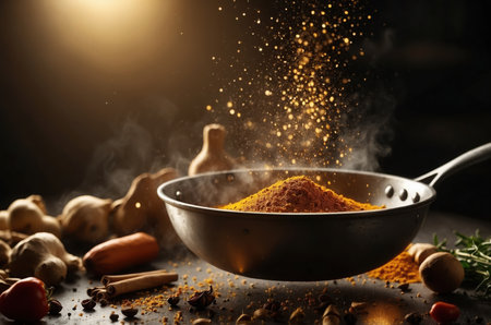 Spices and herbs in a metal bowl on a dark background.の素材