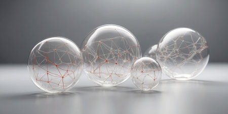 3d rendering of glass balls with connected lines and dots on grey backgroundの素材