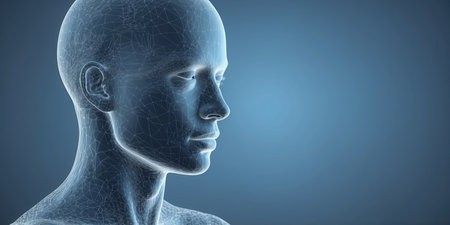 3D Illustration of a male head with a wireframe backgroundの素材