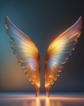 3d rendering of a pair of angel wings on a dark backgroundの素材