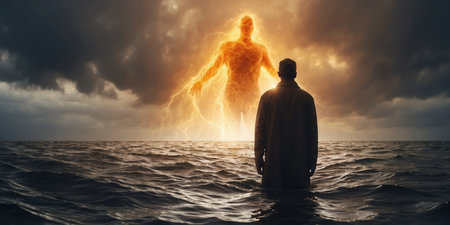 Conceptual image of man standing in sea with stormy skyの素材
