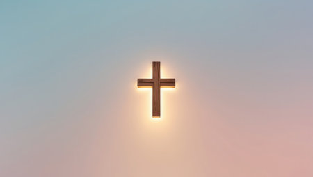 Cross with light at sunset. Christian symbol. 3D rendering.の素材
