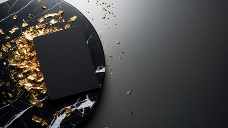 3d rendering black marble plate with gold foil on black background.の素材
