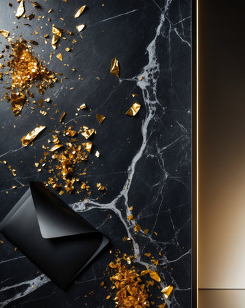 Golden confetti and black envelope on black marble background. Flat lay, top viewの素材