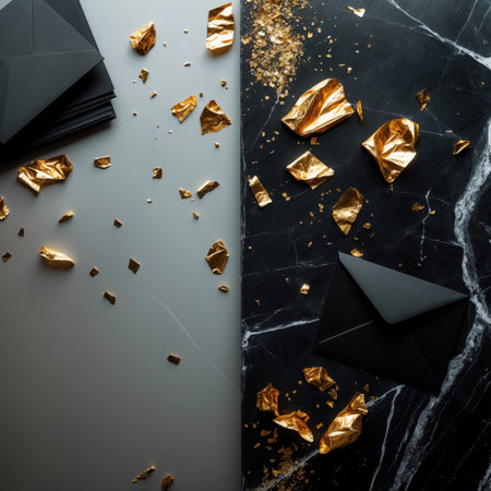 Black envelope with golden confetti on black marble background. Flat lay, top viewの素材
