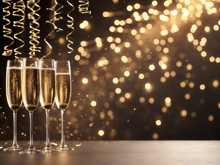 Glasses of champagne with ribbons on bokeh background. New Year celebrationの素材