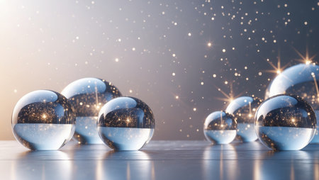 3D render of christmas balls with snowflakes and lightsの素材