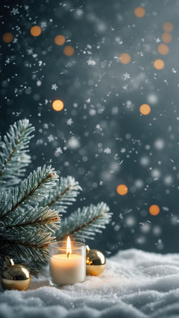 Christmas decoration with burning candle and fir tree on snow with bokeh backgroundの素材