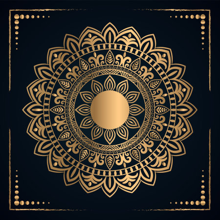 Golden mandala on a dark blue background. Vintage decorative elements.のイラスト素材