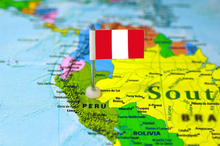 Peru flag on the map, close-up, selective focusの写真素材