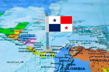 Panama's flag on the map with selective focus and shallow DOFの写真素材