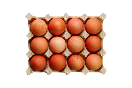 Brown eggs in a carton box top view isolated on a white background