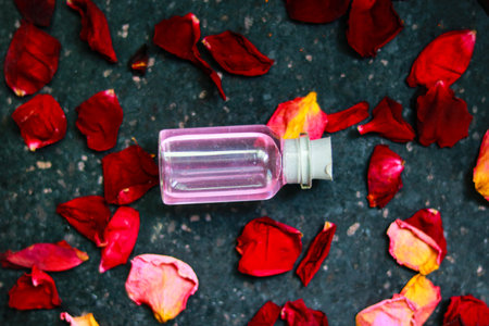 Essential oil in a glass bottle on a background of rose petalsの写真素材