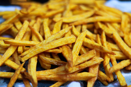 French fries in the market, closeup of photo with selective focus