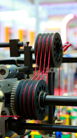 Cotton yarn machine in a textile factory, close-up of photo