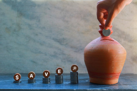 Hand putting coin in piggy bank with save word on wood backgroundの写真素材