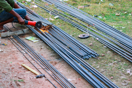 Welding steel rod in construction site, welding steel rod.の写真素材