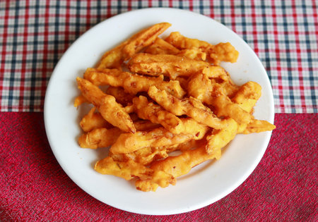 Golden Crispy Deep Fried Chicken Strips or Vegetable Pakora on a White Plateの写真素材