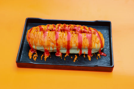 Cheesy Grilled Sub Sandwich Loaded with Tomato Ketchup and Mustard Sauceの写真素材