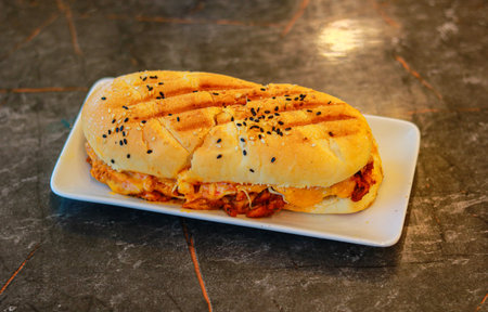 Toasted Sub Sandwich with Melted Cheese and Spicy Chicken Fillingの写真素材