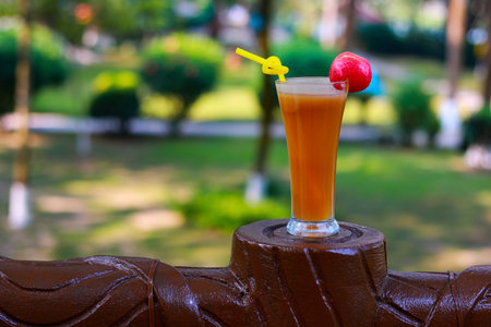 Fresh Apple or Orange Mixed Fruit Juice Garnished with Fruit Sliceの写真素材