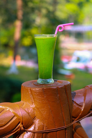 Refreshing Healthy Green Juice in a Glass with Pink Straw in Nature Backgroundの写真素材