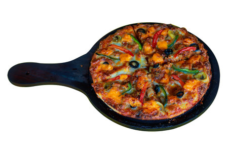 Delicious Supreme Pizza with Mixed Toppings on Wooden Board Transparent Backgroundの写真素材