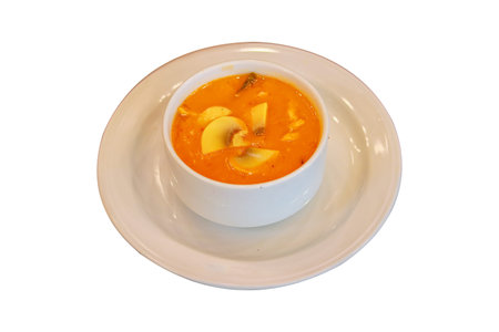 Creamy Mushroom Soup with Fresh Mushroom Slices in a White Bowlの写真素材