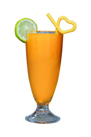 Fresh Organic Papaya Juice with Lemon Slice and Heart Shaped Straw Isolated on Transparent Backgroundの写真素材